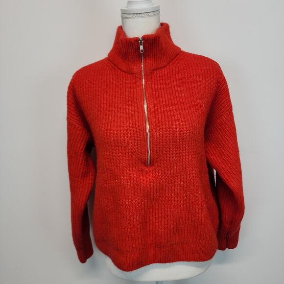 Vince Camuto Half Zip Red Sweater Size L Rib Knit Mock Neck Long Sleeve Fall - Picture 1 of 11